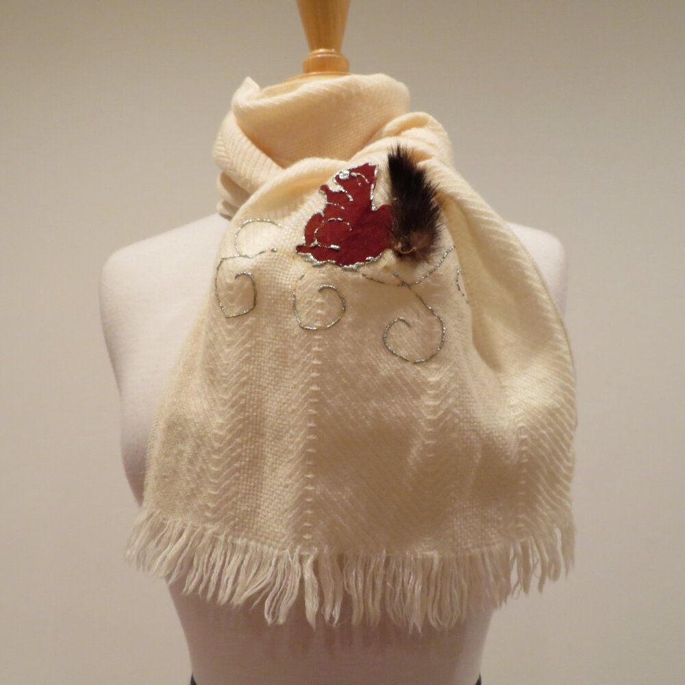 Beige Fringe Scarf Shawl Wrap Squirrel Applique Faux Fur Tail